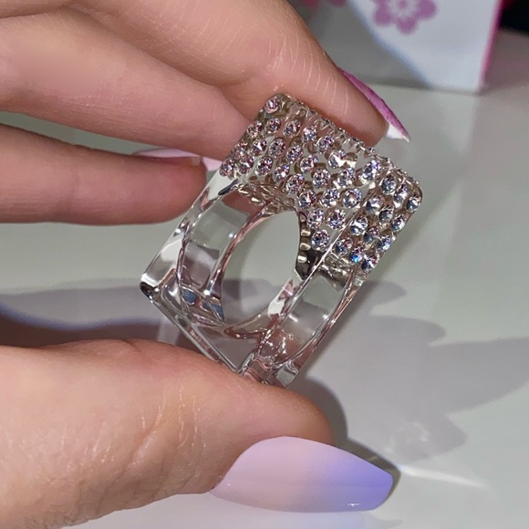 Clear Acrylic Ring With Crystals, Unique Square Shaped Cube Ring For Women - Picture 8 of 13